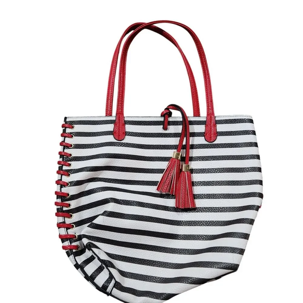 Striped Leather Tote Medium Size Carryall Beachy‎ Casual Everyday Simple Corded